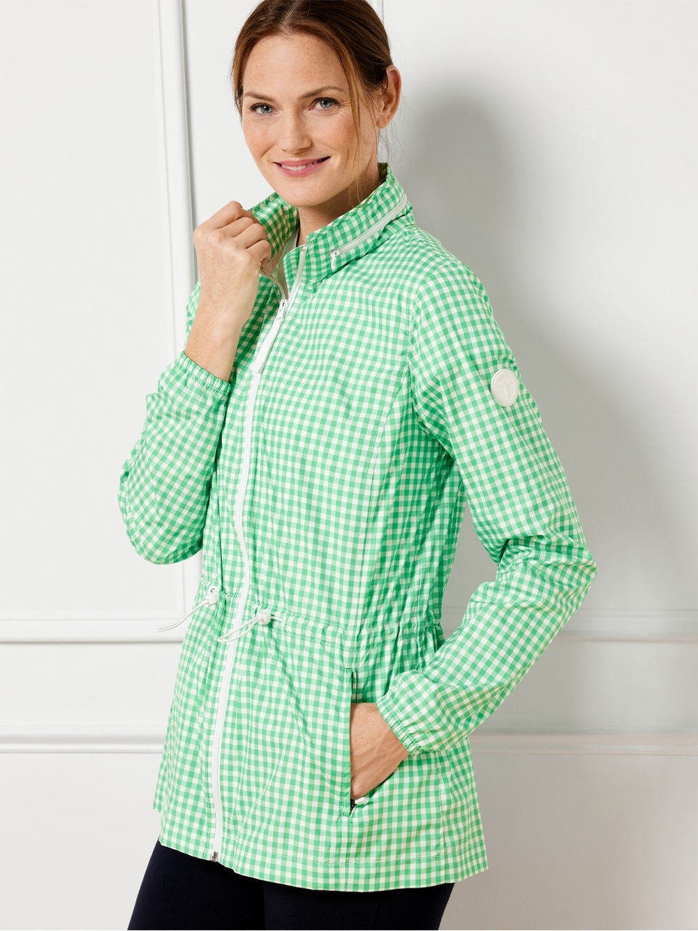 Talbots Packable Hooded Jacket‎ Green White Gingham Size XL